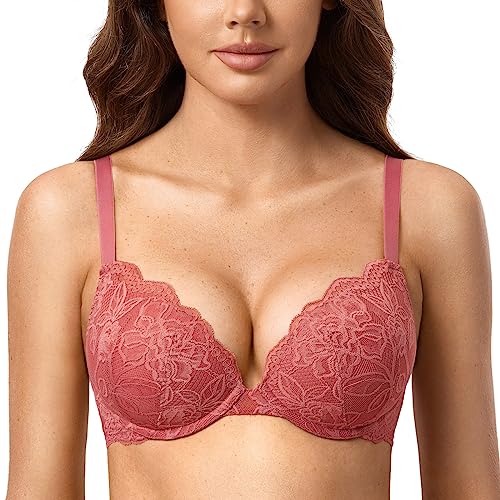 DOBREVA Damen Push Up BH Mit Spitze Gepolstert Plunge Bügel Vollschalen BHS Gemoldete Cups Holzapfel 75E von DOBREVA