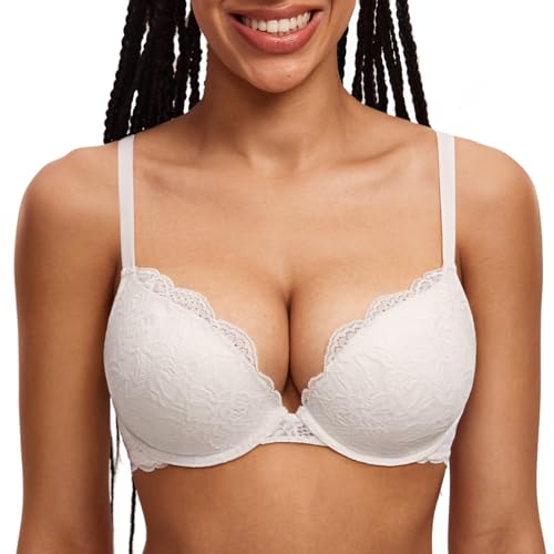 DOBREVA Damen Push Up BH Mit Spitze Gepolstert Plunge Bügel Vollschalen BHS Gemoldete Cups Kokosnuss Weiß 70B von DOBREVA