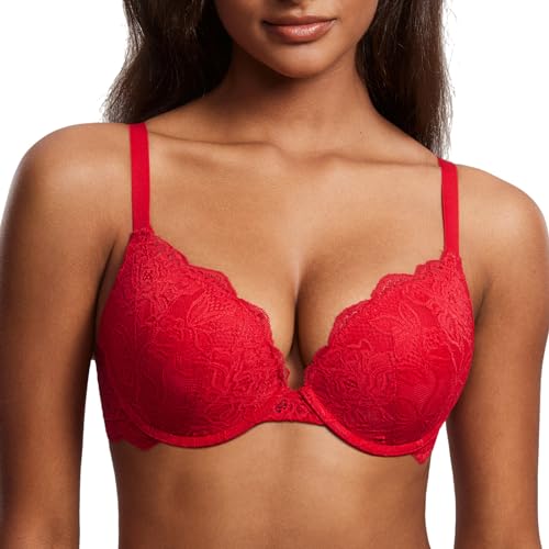 DOBREVA Damen Push Up BH Mit Spitze Gepolstert Plunge Bügel Vollschalen BHS Gemoldete Cups Lippenstift Rot 70C von DOBREVA