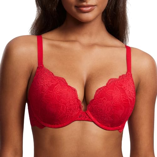 DOBREVA Damen Push Up BH Mit Spitze Gepolstert Plunge Bügel Vollschalen BHS Gemoldete Cups Lippenstift Rot 90B von DOBREVA