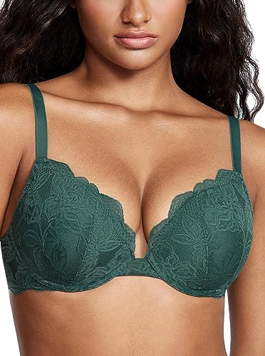 DOBREVA Damen Push Up BH Mit Spitze Gepolstert Plunge Bügel Vollschalen BHS Gemoldete Cups Mitternachtssmaragd 70D von DOBREVA