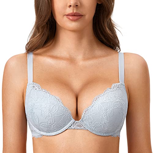 DOBREVA Damen Push Up BH Mit Spitze Gepolstert Plunge Bügel Vollschalen BHS Gemoldete Cups Opalgrau 75A von DOBREVA