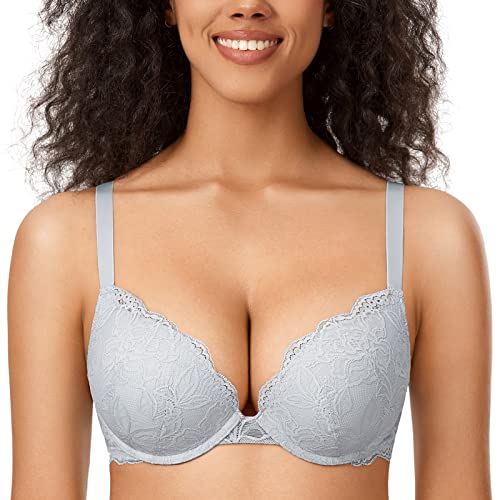 DOBREVA Damen Push Up BH Mit Spitze Gepolstert Plunge Bügel Vollschalen BHS Gemoldete Cups Opalgrau 85B von DOBREVA