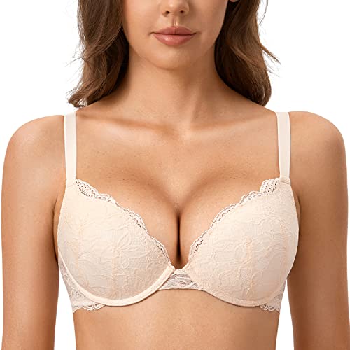 DOBREVA Damen Push Up BH Mit Spitze Gepolstert Plunge Bügel Vollschalen BHS Gemoldete Cups Rose White 70A von DOBREVA