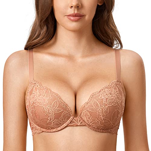 DOBREVA Damen Push Up BH Mit Spitze Gepolstert Plunge Bügel Vollschalen BHS Gemoldete Cups Sahnekaffee 70B von DOBREVA