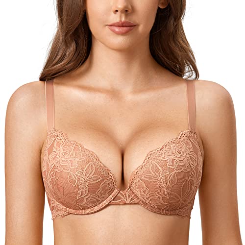 DOBREVA Damen Push Up BH Mit Spitze Gepolstert Plunge Bügel Vollschalen BHS Gemoldete Cups Sahnekaffee 75E von DOBREVA
