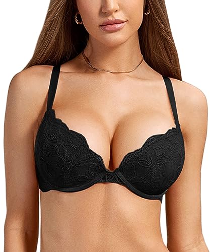 DOBREVA Damen Push Up BH Mit Spitze Gepolstert Plunge Bügel Vollschalen BHS Gemoldete Cups Schwarz 90A von DOBREVA