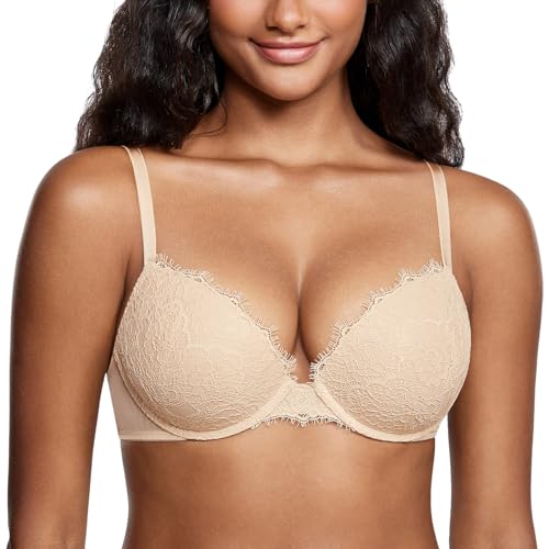 DOBREVA Damen Push Up BH Sexy Dirndl Spitze Bügel BHS Volle Abdeckung Gepolstert für Tiefen Ausschnitt Beige 75B von DOBREVA