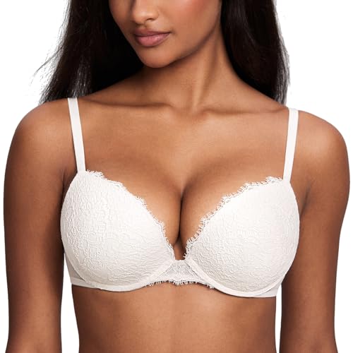 DOBREVA Damen Push Up BH Sexy Dirndl Spitze Bügel BHS Volle Abdeckung Gepolstert für Tiefen Ausschnitt Kokosnuss Weiß 75C von DOBREVA