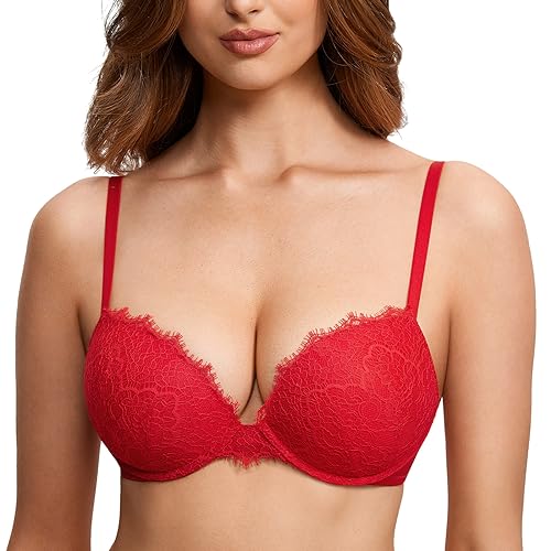 DOBREVA Damen Push Up BH Sexy Dirndl Spitze Bügel BHS Volle Abdeckung Gepolstert für Tiefen Ausschnitt Lippenstift Rot 70B von DOBREVA