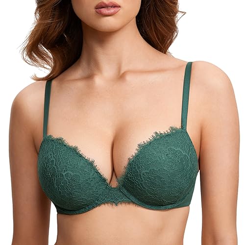 DOBREVA Damen Push Up BH Sexy Dirndl Spitze Bügel BHS Volle Abdeckung Gepolstert für Tiefen Ausschnitt Mitternachtssmaragd 80B von DOBREVA