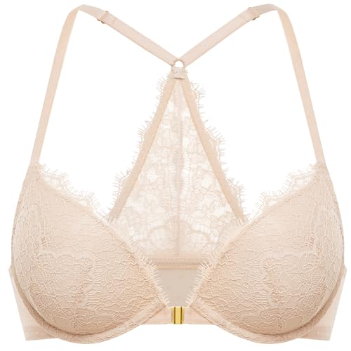 DOBREVA Damen Push Up BH Vorderverschluss Racerback Spitzen BHS Bügel Gepolstert für Tiefen Ausschnitt Beige 85D von DOBREVA
