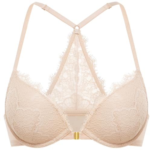 DOBREVA Damen Push Up BH Vorderverschluss Racerback Spitzen BHS Bügel Gepolstert für Tiefen Ausschnitt Beige 85E von DOBREVA