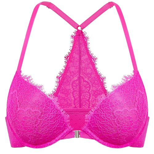 DOBREVA Damen Push Up BH Vorderverschluss Racerback Spitzen BHS Bügel Gepolstert für Tiefen Ausschnitt Helles Fuchsia 80E von DOBREVA