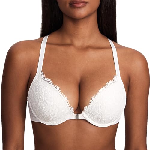 DOBREVA Damen Push Up BH Vorderverschluss Racerback Spitzen BHS Bügel Gepolstert für Tiefen Ausschnitt Kokosnuss Weiß 75A von DOBREVA