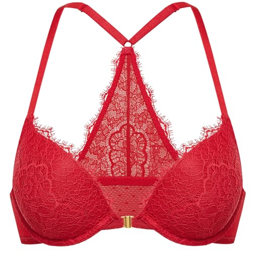 DOBREVA Damen Push Up BH Vorderverschluss Racerback Spitzen BHS Bügel Gepolstert für Tiefen Ausschnitt Lippenstift Rot 85A von DOBREVA