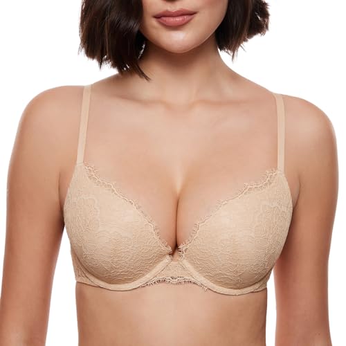 DOBREVA Damen Push Up BH mit Blumen Wimpern Spitze Sexy Bügel BHS Gepolstert Beige 75A von DOBREVA