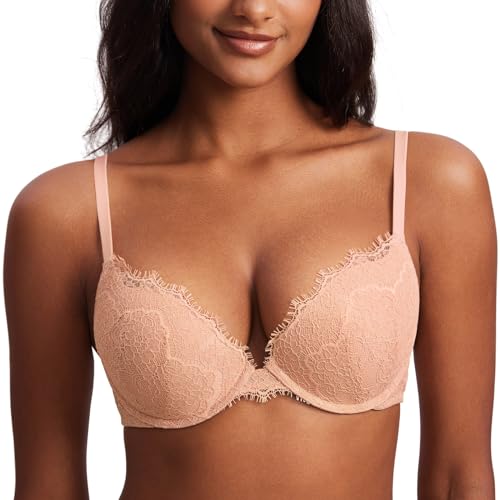 DOBREVA Damen Push Up BH mit Blumen Wimpern Spitze Sexy Bügel BHS Gepolstert Blush Beige 80E von DOBREVA