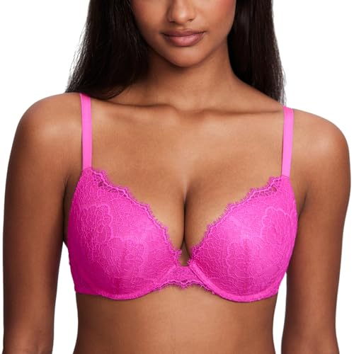 DOBREVA Damen Push Up BH mit Blumen Wimpern Spitze Sexy Bügel BHS Gepolstert Helles Fuchsia 70A von DOBREVA