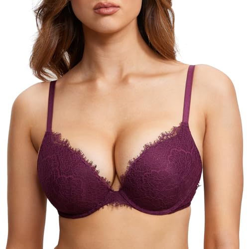 DOBREVA Damen Push Up BH mit Blumen Wimpern Spitze Sexy Bügel BHS Gepolstert Traubenwein 80A von DOBREVA