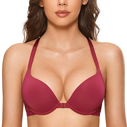 DOBREVA Damen Vorderverschluss Push Up BH mit Bügel Soft T Shirt Tiefen Ausschnitt BHS Neckholder Gepolsterter Aubergine 70C von DOBREVA