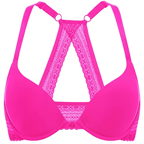 DOBREVA Damen Vorderverschluss Push Up BH mit Bügel Soft T Shirt Tiefen Ausschnitt BHS Neckholder Gepolsterter Glitzer-Rosa 75A von DOBREVA