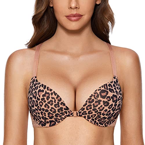 DOBREVA Damen Vorderverschluss Push Up BH mit Bügel Soft T Shirt Tiefen Ausschnitt BHS Neckholder Gepolsterter Natürlicher Leopard 70B von DOBREVA