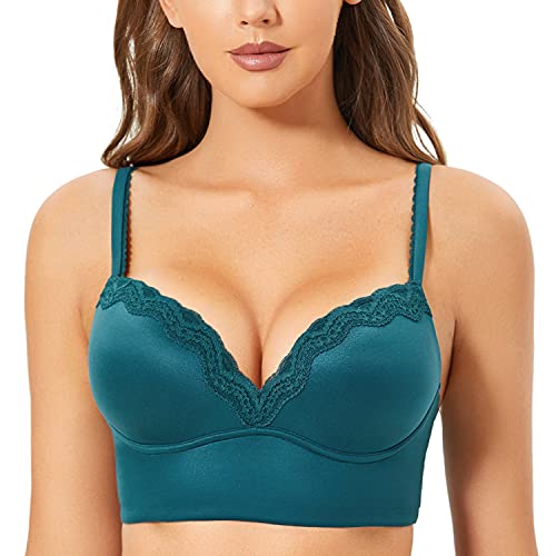 DOBREVA Damen Push Up BH ohne Bügel Soft Gepolstert Bügelloser Bustier mit Spitze Fichtengrün 70B von DOBREVA