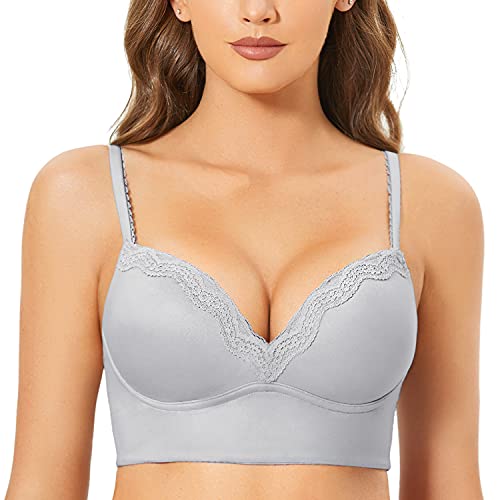 DOBREVA Damen Push Up BH ohne Bügel Soft Gepolstert Bügelloser Bustier mit Spitze Opalgrau 80D von DOBREVA