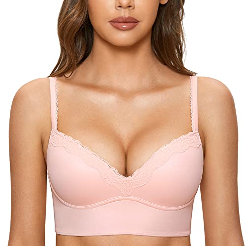 DOBREVA Damen Push Up BH ohne Bügel Soft Gepolstert Bügelloser Bustier mit Spitze Peachy Keen 75A von DOBREVA