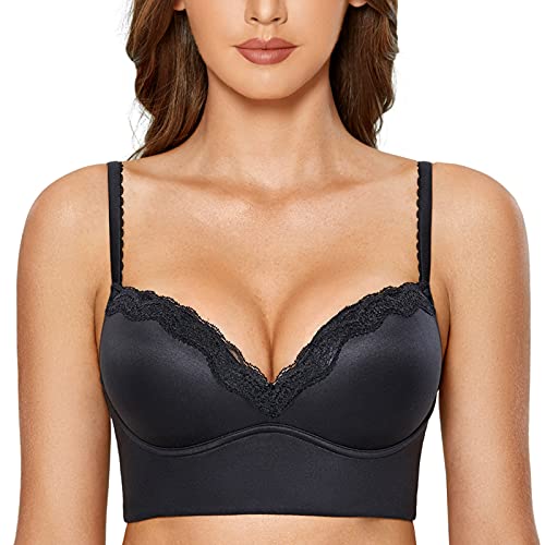 DOBREVA Damen Push Up BH ohne Bügel Soft Gepolstert Bügelloser Bustier mit Spitze Schwarz 70D von DOBREVA