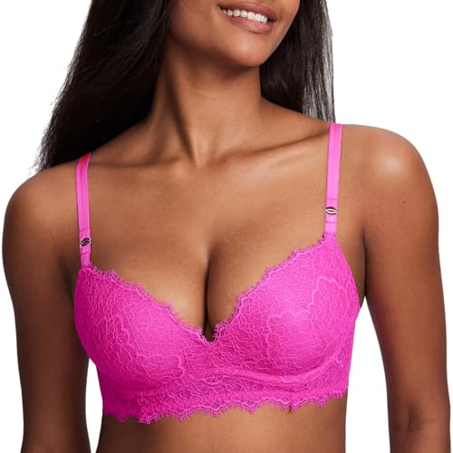 DOBREVA Damen Push Up BH ohne Bügel Soft Spitze Bügelloser BHS Gepolstert Bequemer Tiefer Ausschnitt Helles Fuchsia 75D von DOBREVA