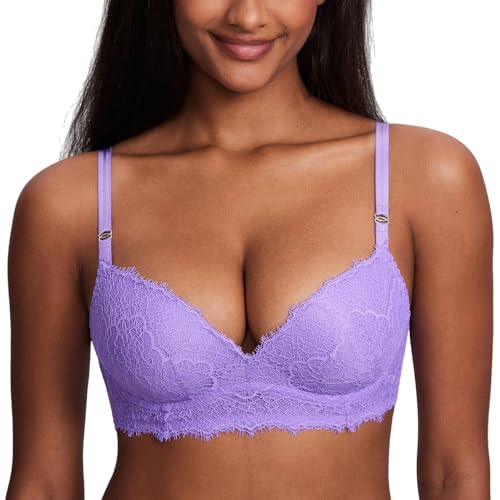 DOBREVA Damen Push Up BH ohne Bügel Soft Spitze Bügelloser BHS Gepolstert Bequemer Tiefer Ausschnitt Himmelviolett 90D von DOBREVA