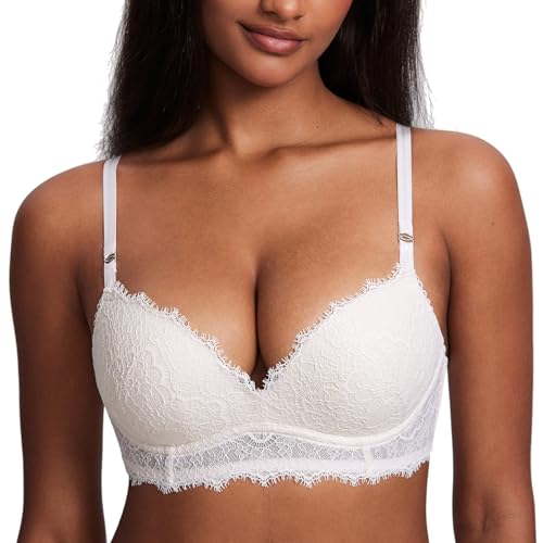 DOBREVA Damen Push Up BH ohne Bügel Soft Spitze Bügelloser BHS Gepolstert Bequemer Tiefer Ausschnitt Kokosnuss Weiß 75D von DOBREVA
