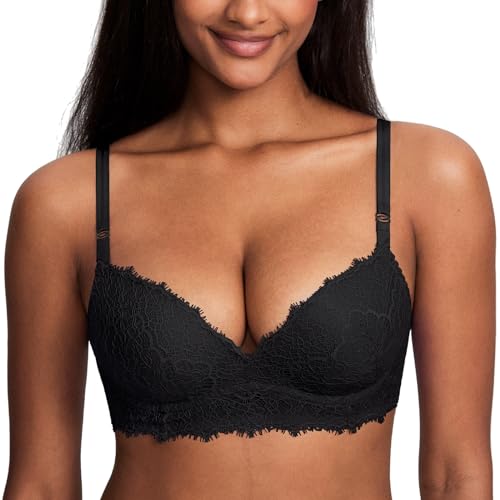 DOBREVA Damen Push Up BH ohne Bügel Soft Spitze Bügelloser BHS Gepolstert Bequemer Tiefer Ausschnitt Schwarz 80E von DOBREVA