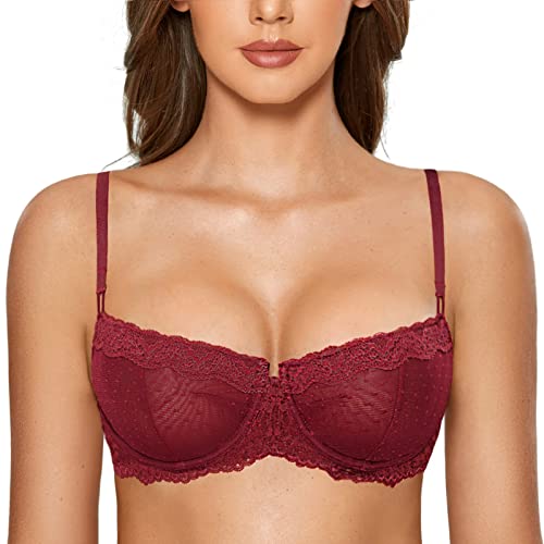 DOBREVA Balconette BH Damen mit Bügel Push Up Dirndl Spitze BHS Sexy Grosse Grössen Ungefüttert Dunkelrot#New Spitze 75B von DOBREVA