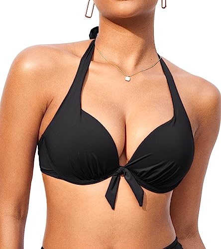 DOBREVA Damen Push Up Bikini Oberteil mit Bügel Gepolsterte Sexy Halfter Self Tie Bademode - BH Größen Schwarz 70C von DOBREVA