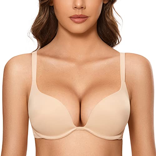 DOBREVA Damen Push Up Bügel BH Tiefer Ausschnitt Plunge Gepolstert T Shirt BHS Beige 70E von DOBREVA