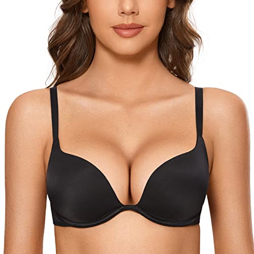 DOBREVA Damen Push Up Bügel BH Tiefer Ausschnitt Plunge Gepolstert T Shirt BHS Schwarz 80B von DOBREVA