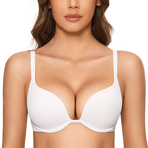 DOBREVA Damen Push Up Bügel BH Tiefer Ausschnitt Plunge Gepolstert T Shirt BHS Weiss 75B von DOBREVA