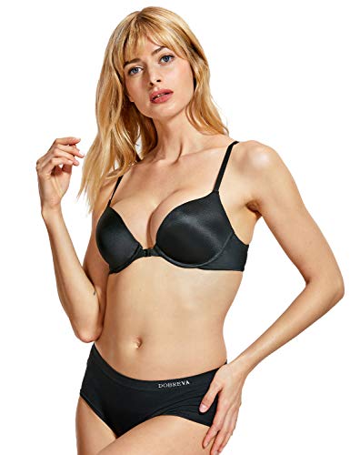 DOBREVA Damen Push Up gepolstert Vorderverschluss Bügel T-Shirt BH Plunge Schwarz 75C von DOBREVA