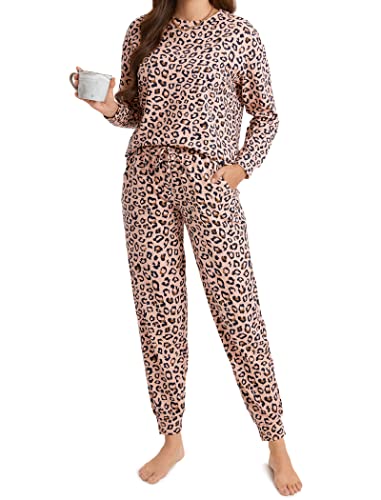 DOBREVA Damen Pyjama Set Schlafanzüge Lounge Soft PJ Langarm Loungewear Zweiteiliger Nachtwäsche Hellrosa Leopard 38 von DOBREVA