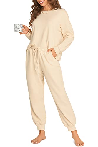 DOBREVA Damen Pyjama Set Schlafanzüge Lounge Soft PJ Langarm Loungewear Zweiteiliger Nachtwäsche Schwan Weiß 36 von DOBREVA