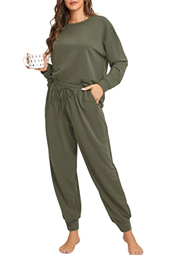 DOBREVA Damen Pyjama Set Schlafanzüge Lounge Soft PJ Langarm Loungewear Zweiteiliger Nachtwäsche Staubige Olive 40 von DOBREVA