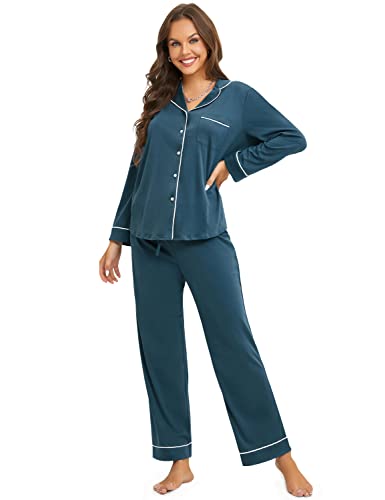 DOBREVA Damen Schlafanzug Zweiteiliger Langarm und Lang Hose Nachtwäsche Baumwolle mit Knopfleiste Pyjama Set Korsarenblau 42 von DOBREVA