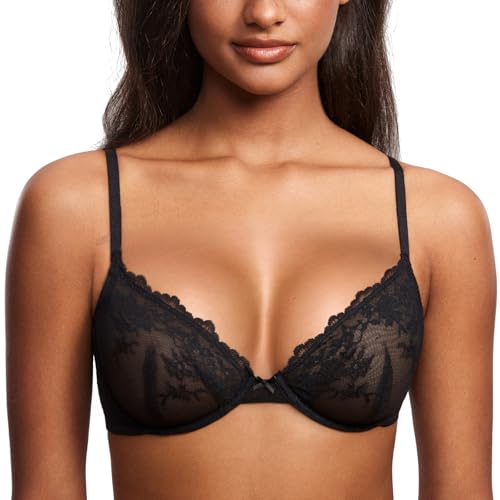 DOBREVA Damen Sexy Spitzen BH Durchsichtig Netz Bügel BH Große Größen Ungefüttert Tiefer Ausschnitt Schwarz 80C von DOBREVA