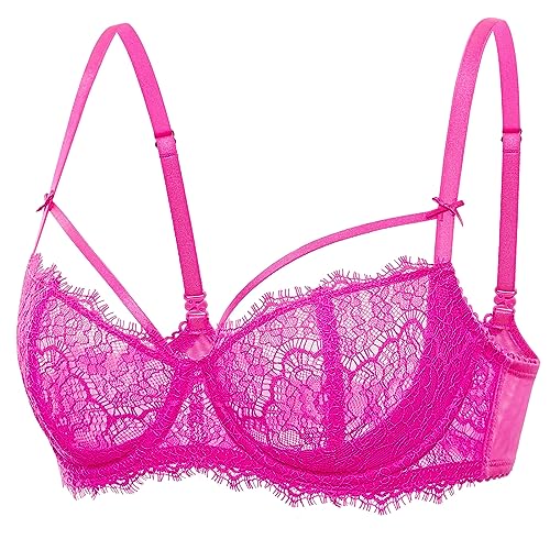 DOBREVA Damen Sexy Spitzen Push Up BH Balconette Durchsichtige Große Brüste BHS Ungefütterter mit Bügel Helles Fuchsia 90C von DOBREVA