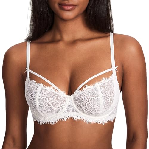 DOBREVA Damen Sexy Spitzen Push Up BH Balconette Durchsichtige Große Brüste BHS Ungefütterter mit Bügel Kokosnuss Weiß 75C von DOBREVA