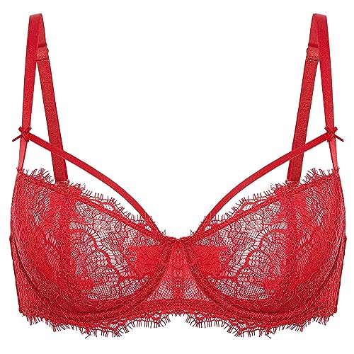 DOBREVA Damen Sexy Spitzen Push Up BH Balconette Durchsichtige Große Brüste BHS Ungefütterter mit Bügel Lippenstift Rot 70D von DOBREVA