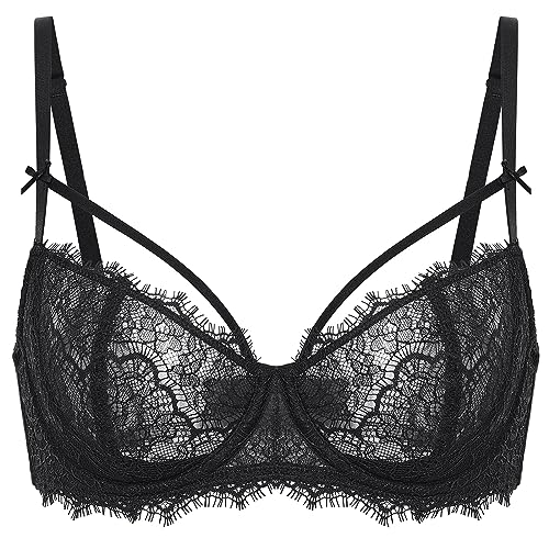 DOBREVA Damen Sexy Spitzen Push Up BH Balconette Durchsichtige Große Brüste BHS Ungefütterter mit Bügel Schwarz 75C von DOBREVA